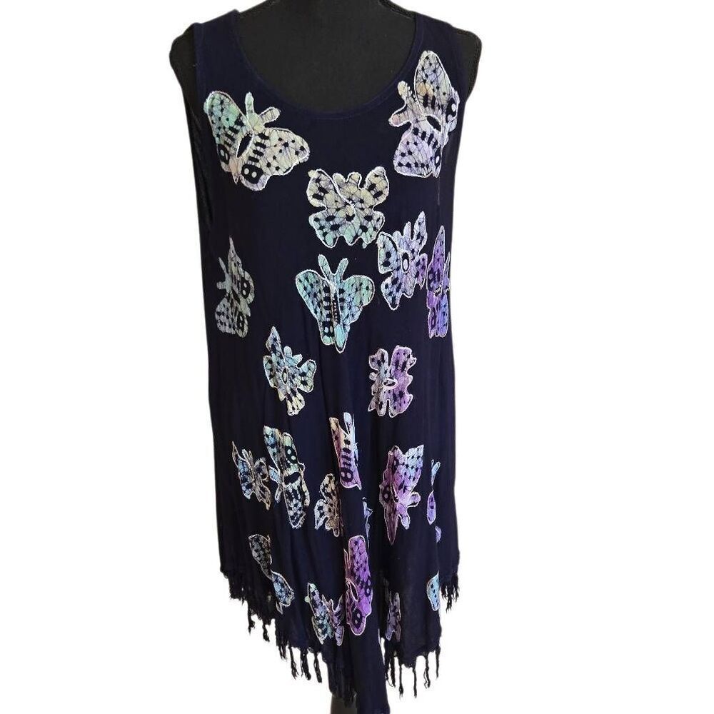 Womens Butterfly Asymmetric Fringe Hem Beach Cover-up Dress Navy OS